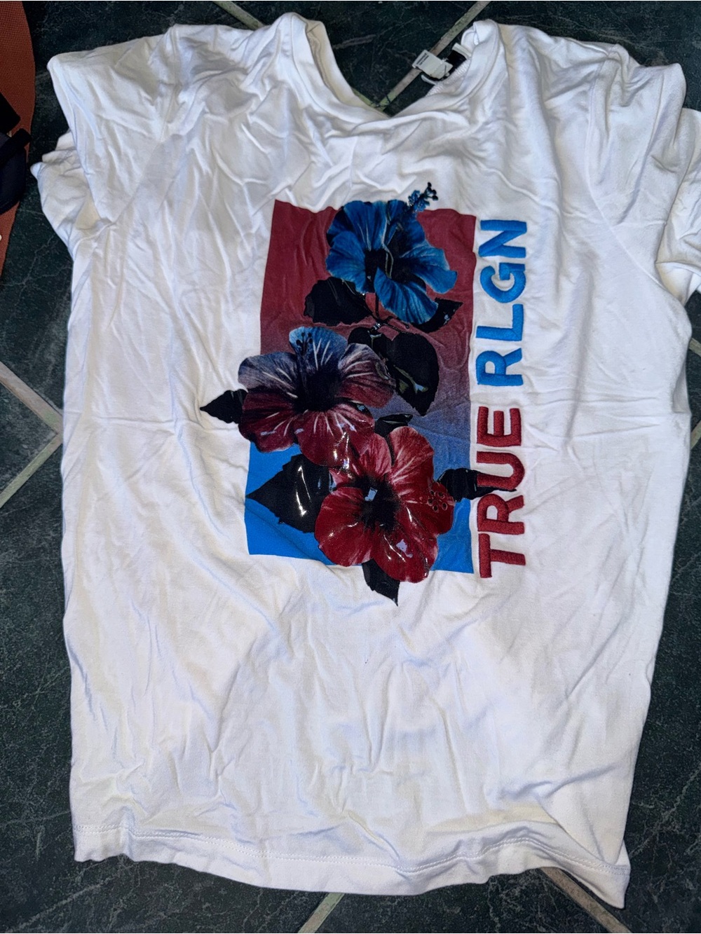 True Religion White Tee with Red & Blue Floral Graphic